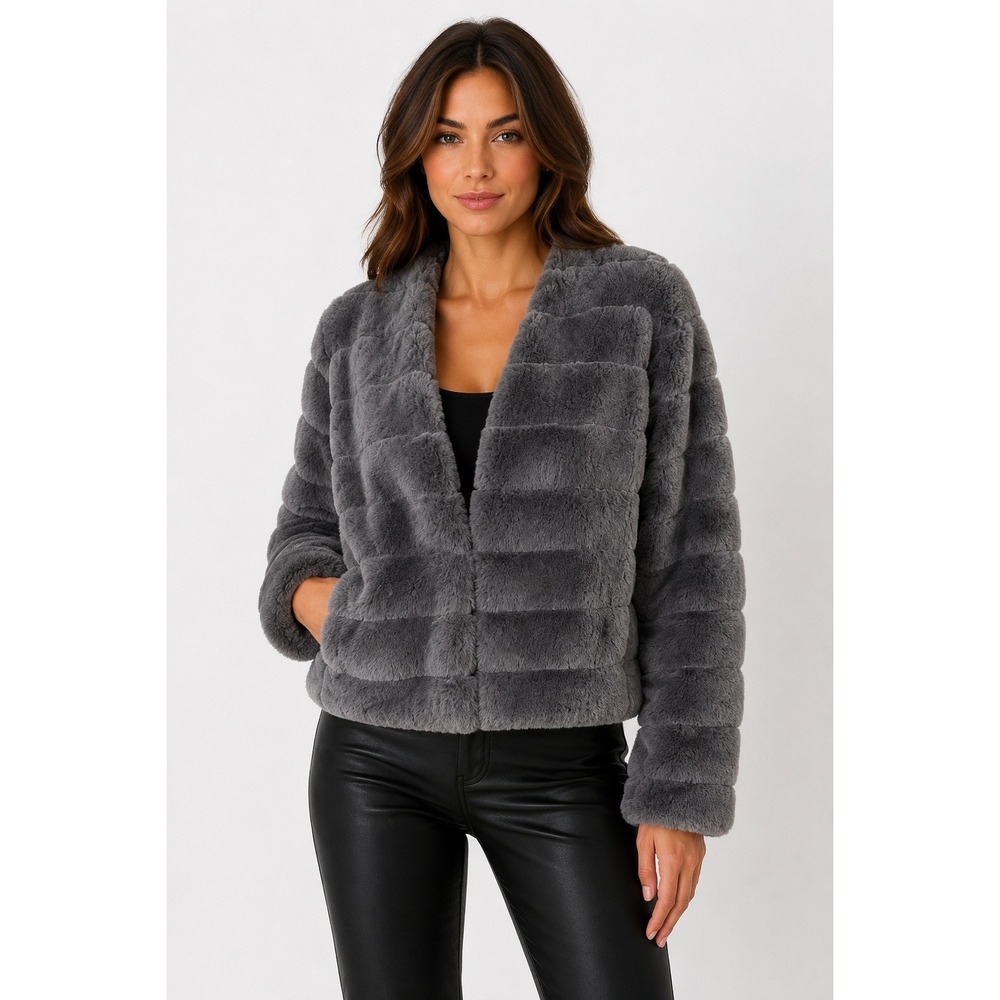 Allegra K Women's Large Gray Faux Fur Jacket Plush Open Front Cropped Coat NWT
